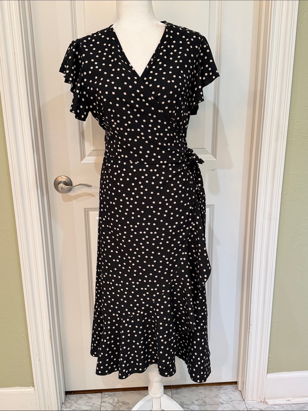 Classic Black White Polka Dot Wrap Flowy Feminine Ruffle Dress